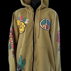 NWT Reason Clothing Khaki Graphic Hoodie Peace Flower Print,  Medium